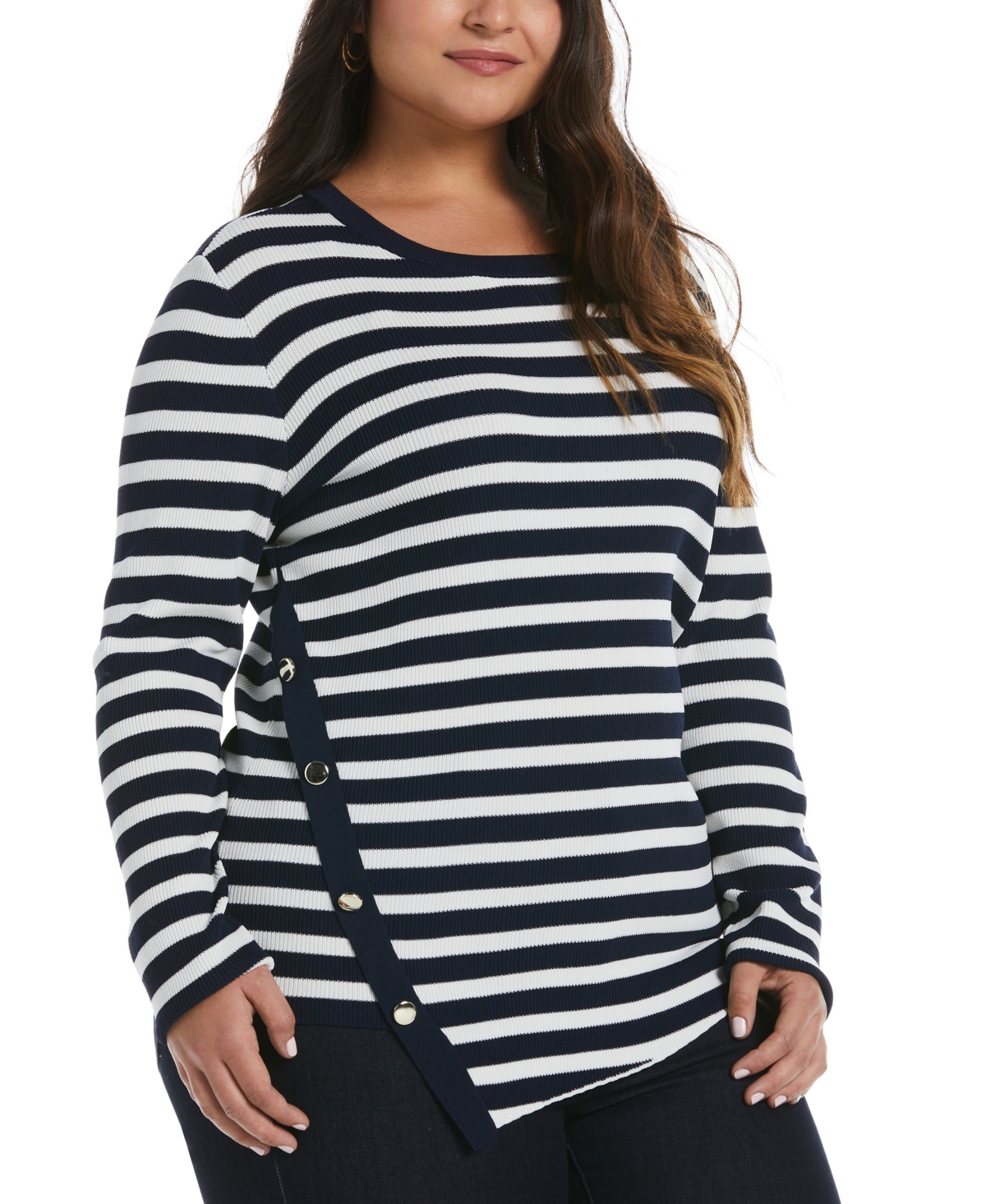 Plus Size Snap Trim Stripe Asymmetrical Sweater - Peacoat