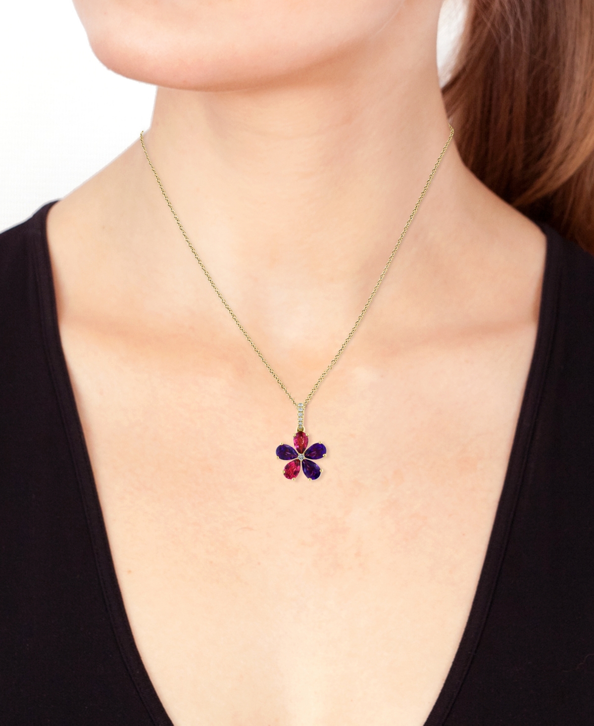 EFFY COLLECTION EFFY MULTI-GEMSTONE (1-7/8 CT. T.W.) & DIAMOND (1/20 CT. T.W.) FLOWER 18" PENDANT NECKLACE IN 14K GO 