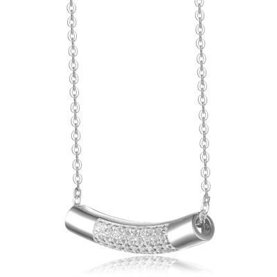 Sterling Silver White Gold Plated with Clear Round Cubic Zirconia Curve Line Pendant
