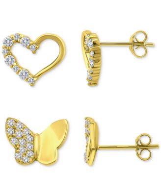 Cubic Zirconia Heart & Butterfly 2-Pc. Set Stud Earrings (1 ct. t.w.) in 18k Gold over Sterling Silver, Exclusively at Macy's