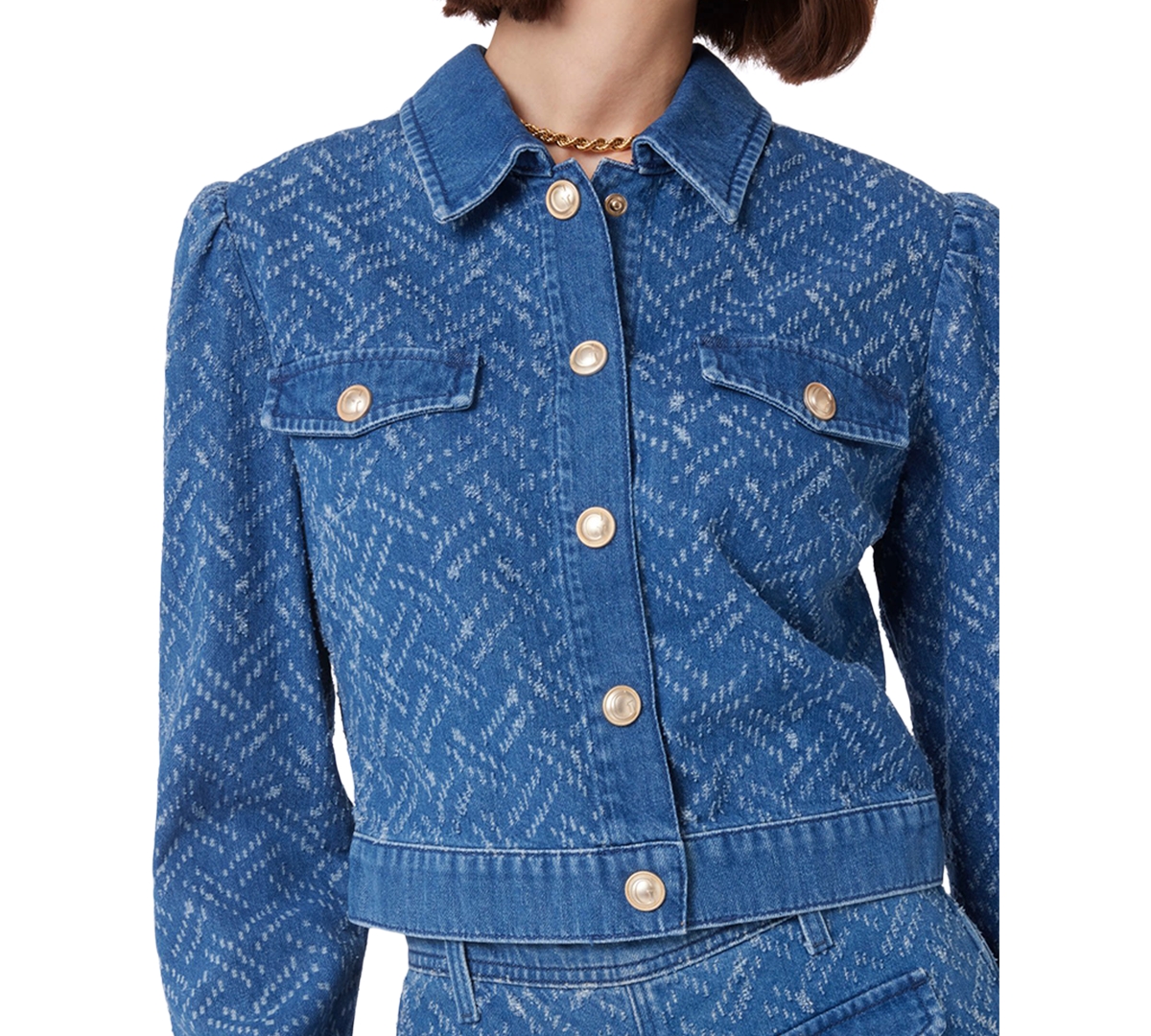 GUESS WOMEN'S GILLY PATTERNED CROPPED DENIM JACKET 