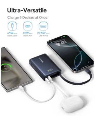 Power Bank, Picogo 10000mAh 45W 3-Output Portable Charger with Built-in USB-C Cable, White