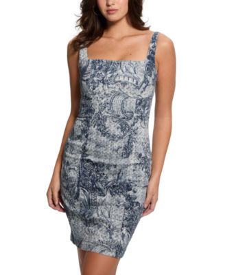 GUESS - Women's Rexa Mixed-Print Square-Neck Denim Dress