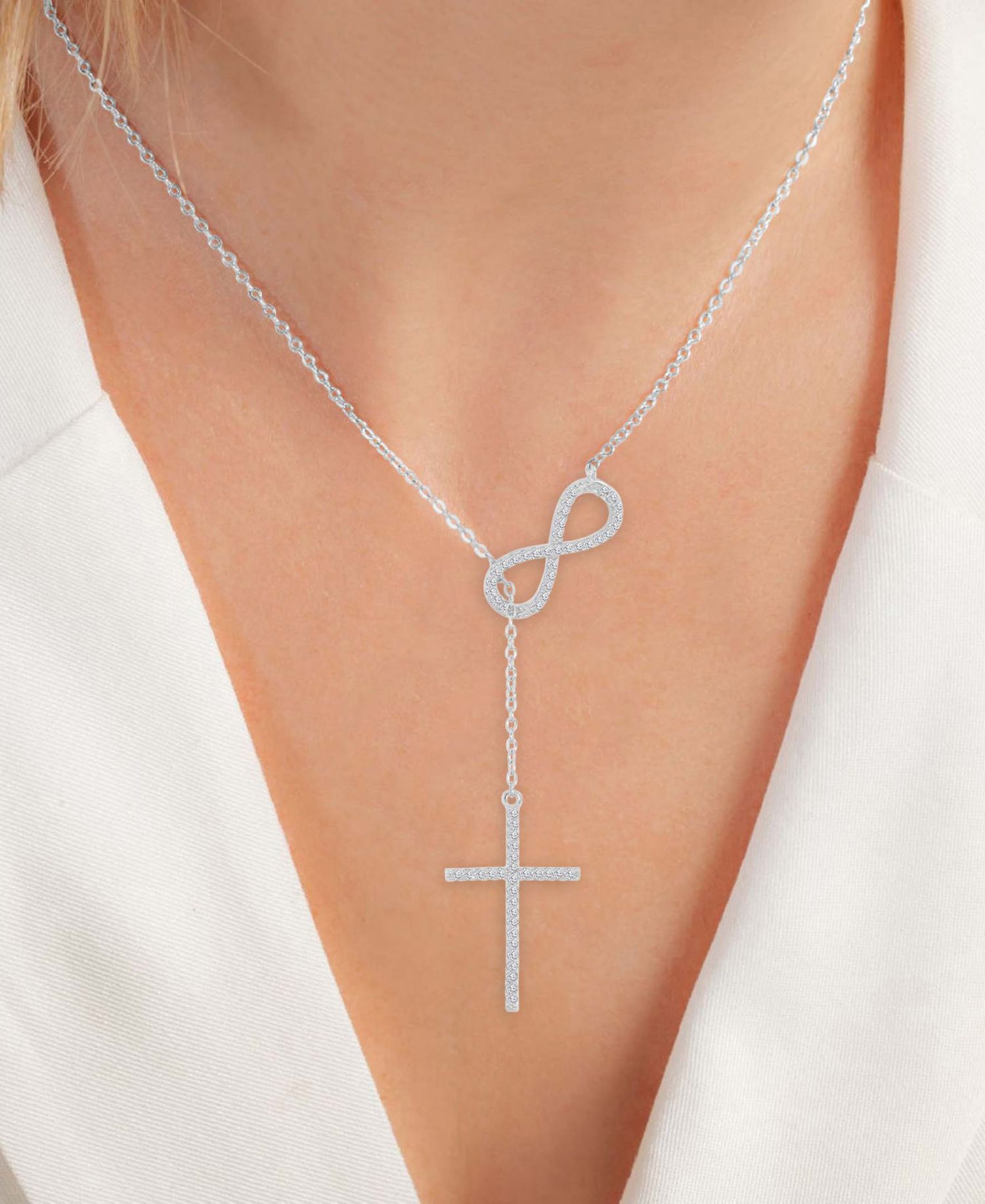 Cubic Zirconia Infiniti and Cross Y-Neck Necklace in Sterling Silver