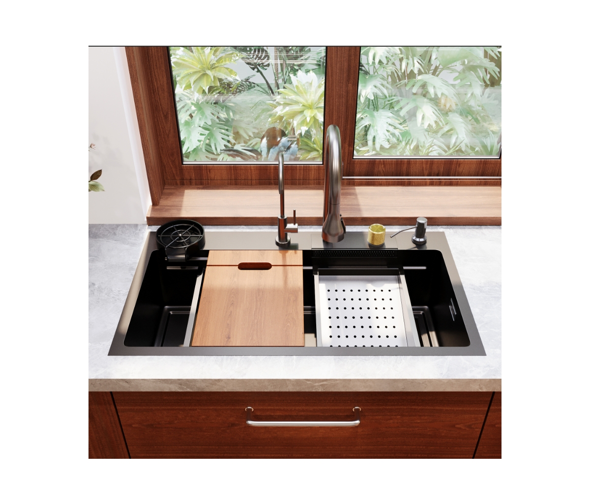 32" x 18" Drop-in Single Bowl 304 Stainless Steel Polished Black Kitchen Sink Workstation with Accessories - Black