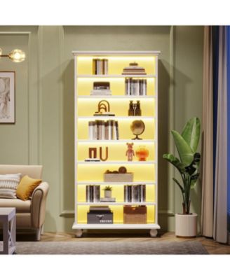 69-Inch Tall Bookcase with LED Lighting Modern 9-Tier Freestanding Bookshelf Solid Wood Legs Wooden Open Display Shelf Organizer