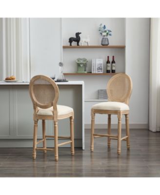 Solid Wood Bar Stools Set of 2, Rattan Back Kitchen Bar Chairs with Upholstered Seat-The Pop Home