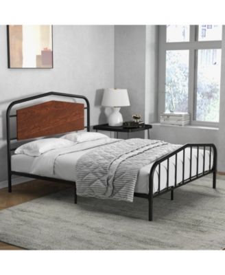 Platform Bed Frame with Wooden Headboard, Heavy Duty Metal Slats Support