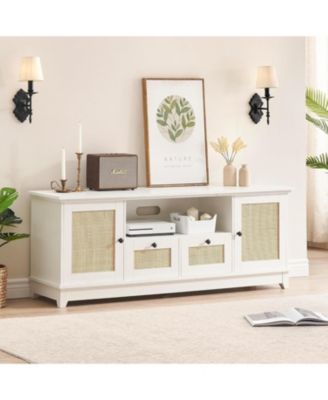 Rattan TV Stand, Modern Entertainment Center for 65/70 Inch TV, White Media Center with 2 Drawers and 2 Cabinets with Adjustable Shelf