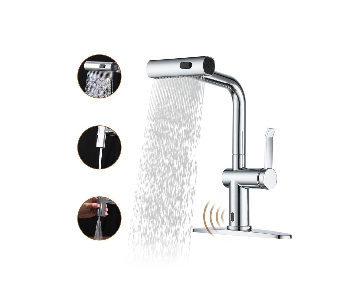 Single Handle Pull Out Kitchen Faucet with Touchless Sensor With Three-function Mode Sprayer - Matte black