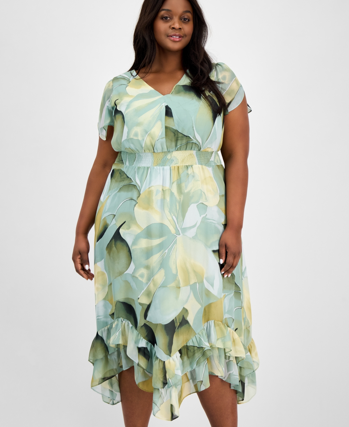 Anne Klein Plus Size Printed Chiffon Fit & Flare Dress In Soft Aloe Multi