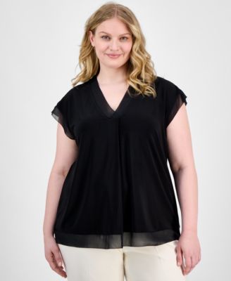 Anne Klein - Plus Size V-Neck Mixed-Media Box-Pleat Top