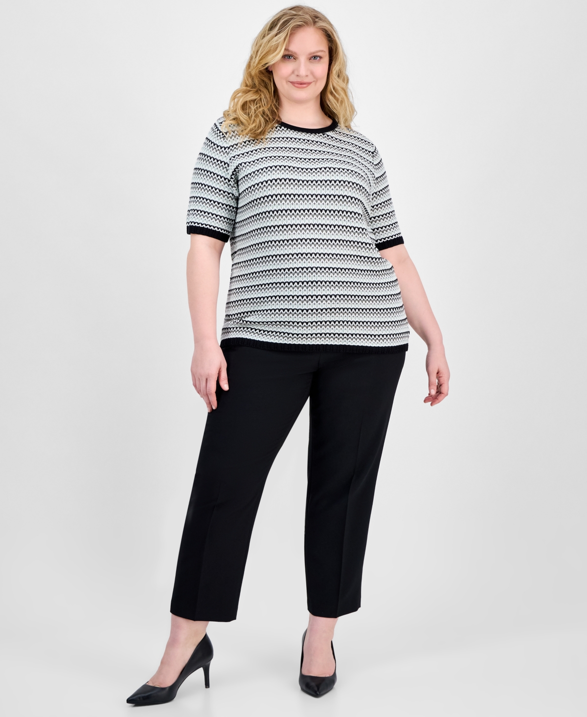 ANNE KLEIN PLUS SIZE CREWNECK SHORT-SLEEVE SWEATER 