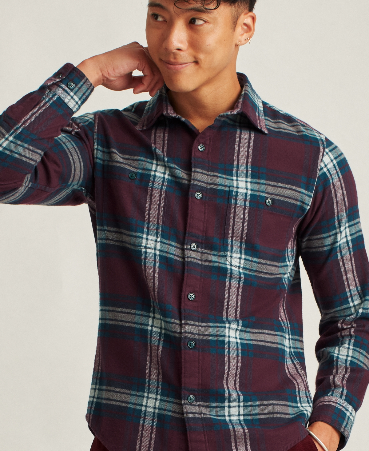 Men's Slim Fit Long Sleeve Button-Front Stretch Plaid Flannel Shirt - Spiced Brandy