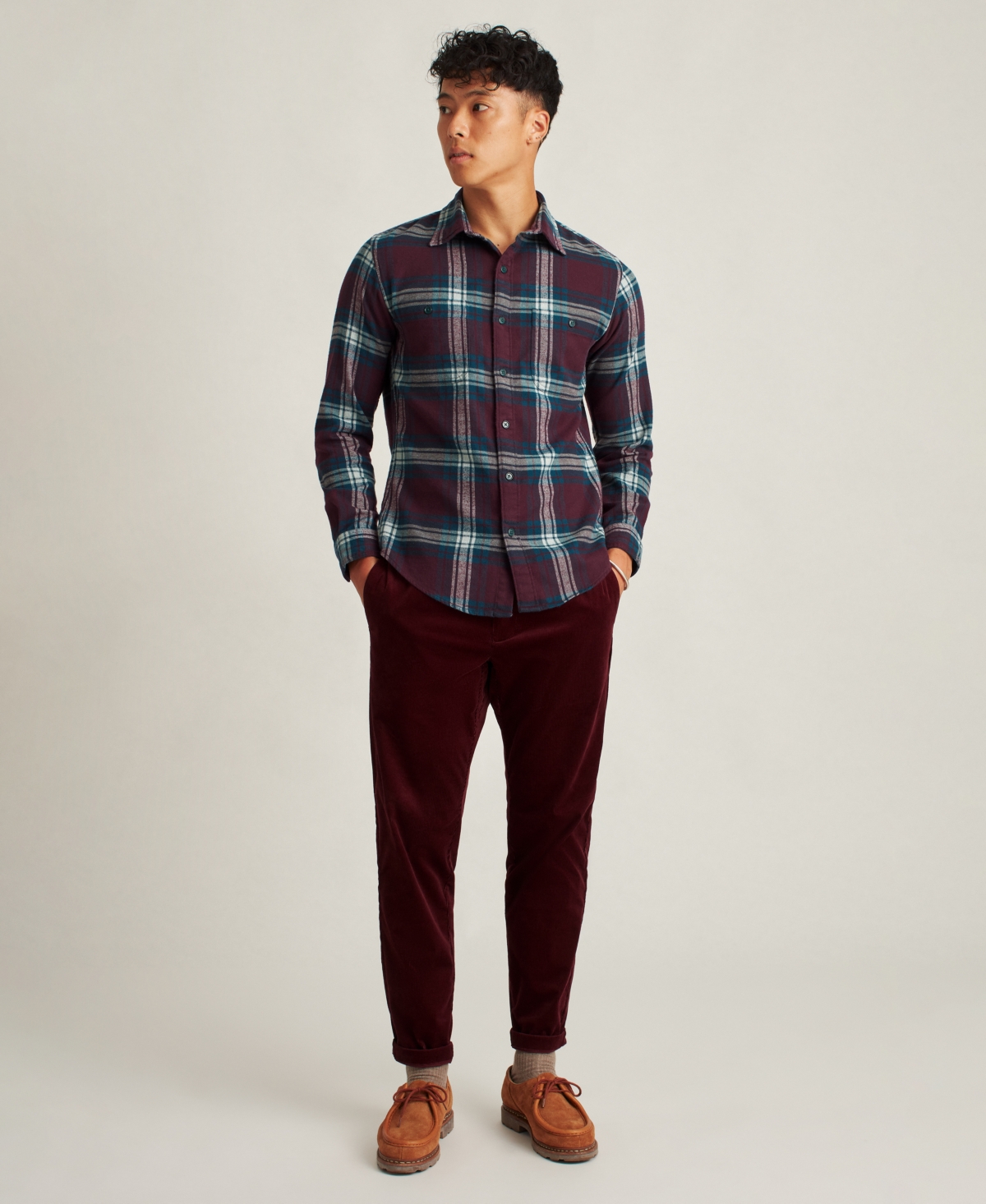 BONOBOS MEN'S SLIM FIT LONG SLEEVE BUTTON-FRONT STRETCH PLAID FLANNEL SHIRT 