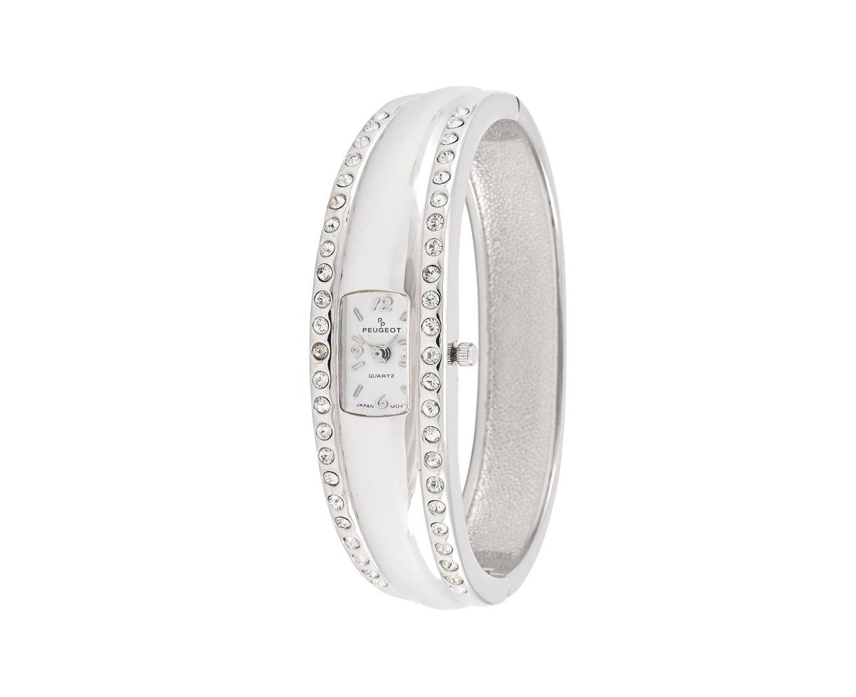 Women's Silver-Tone Crystal Accented Cuff Bangle Fashion Watch - Silver