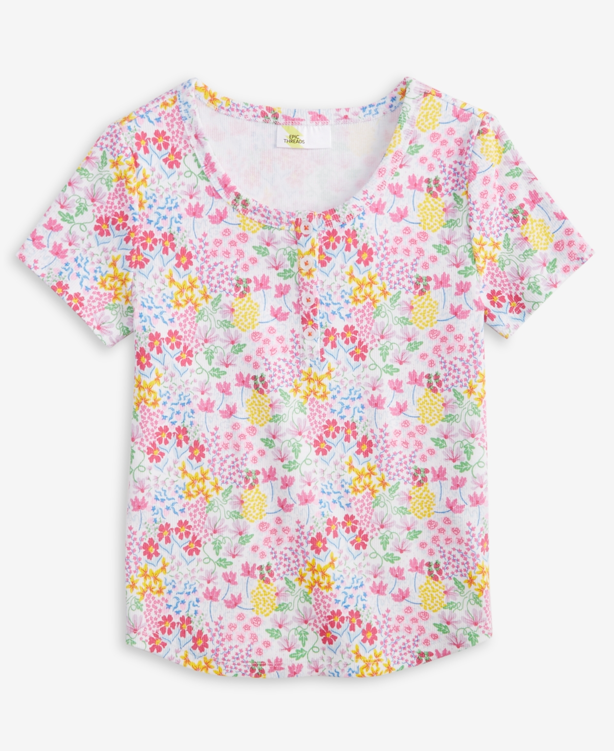 Epic Threads Kid Girl Floral-print Henley Top, Exclusively At Macy's In Bright Whi