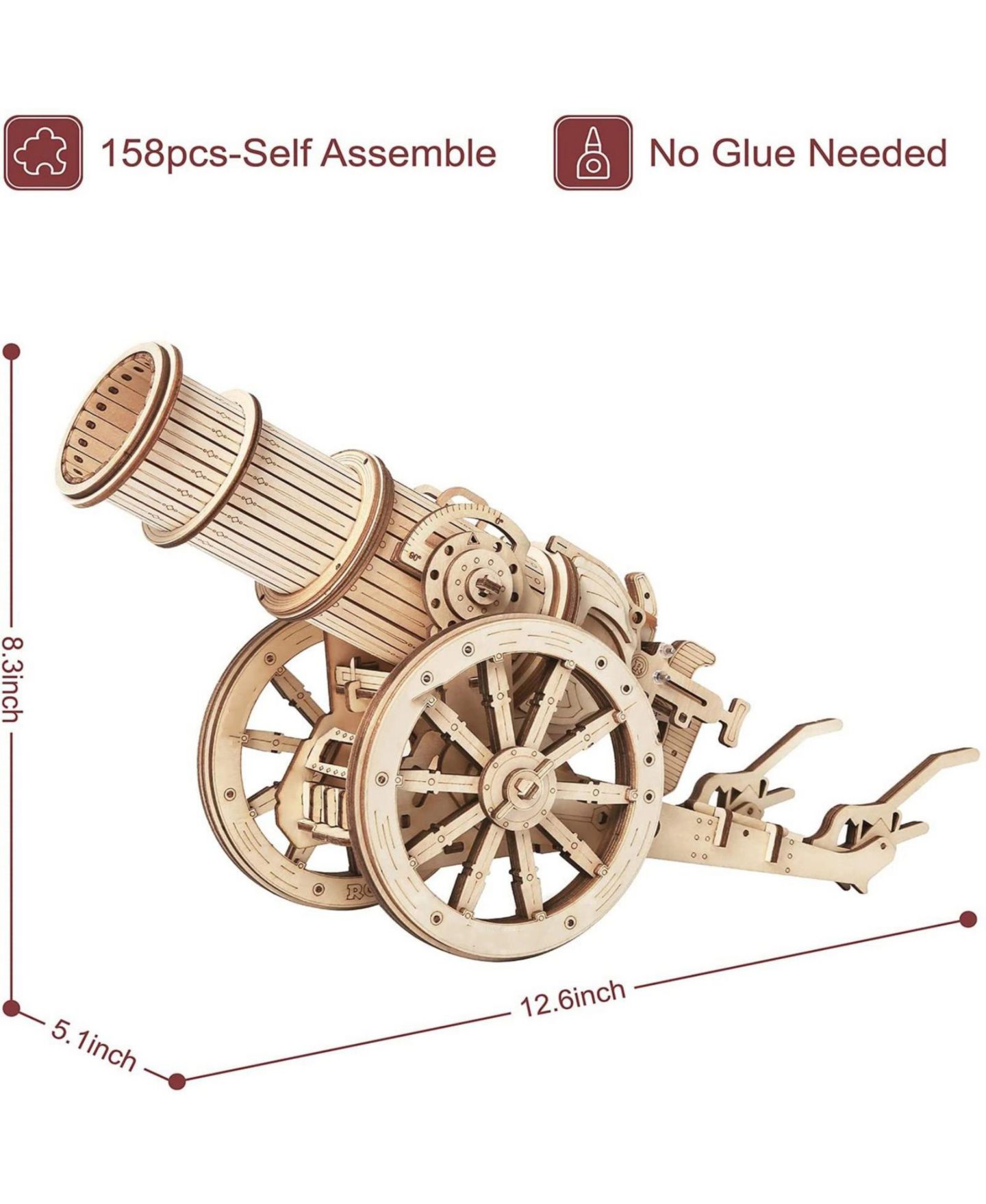 Детские конструкторы Robotime Medieval Wheeled Cannon Brain Teaser Wooden Puzzle, 158-Piece Set, Ages 14+ — фото 5