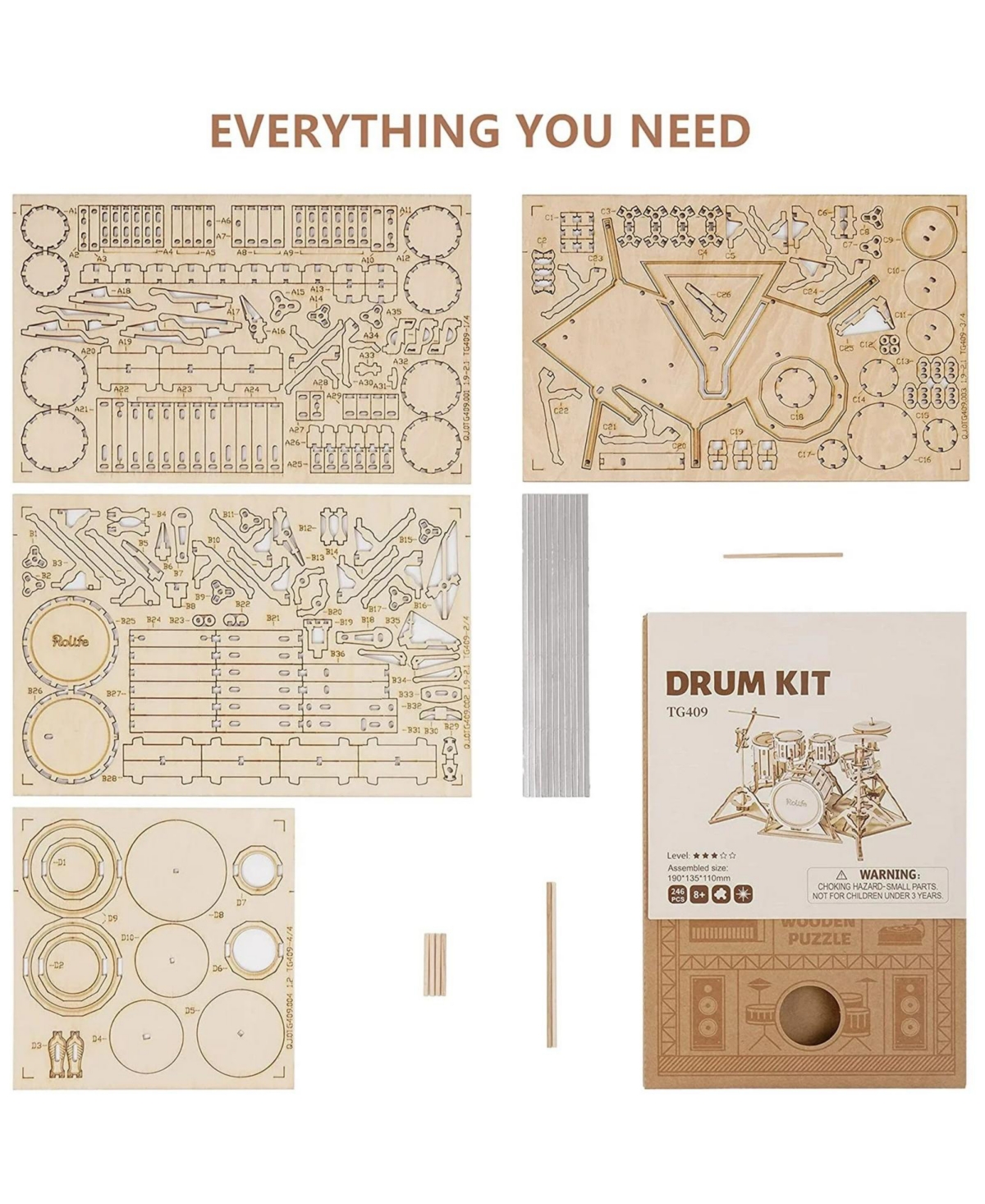 Robotime 3D Jigsaw Puzzle Wooden Diy Model Drum Craft Adorable Home Decoration for Teens, 7.5"5.3"4.3"