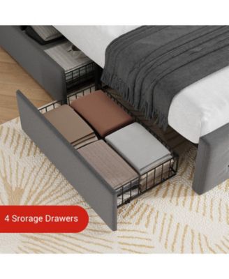 Full Size Bed Frame - 4 Storage Drawers, Adjustable Linen Headboard