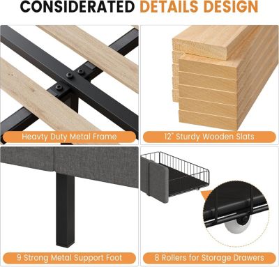 Queen Size Bed Frame with 1 Storage Drawers, Upholstered Platform Bed Frame