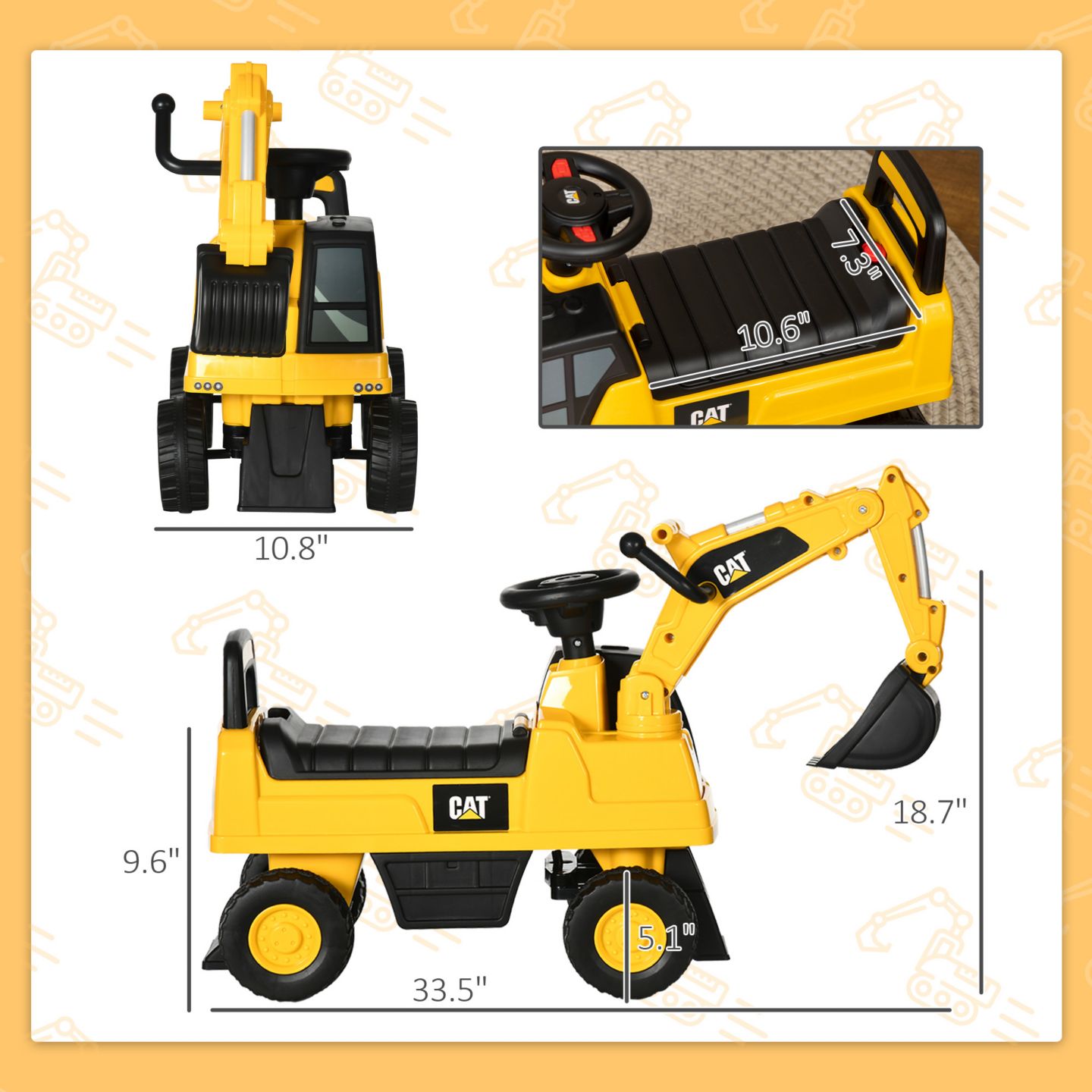 Детская игрушка Aosom Cat Licensed Excavator with Manual Shovel Ride-On Toy, 55 lbs Weight Capacity, Ages 18-36 Months — фото 3