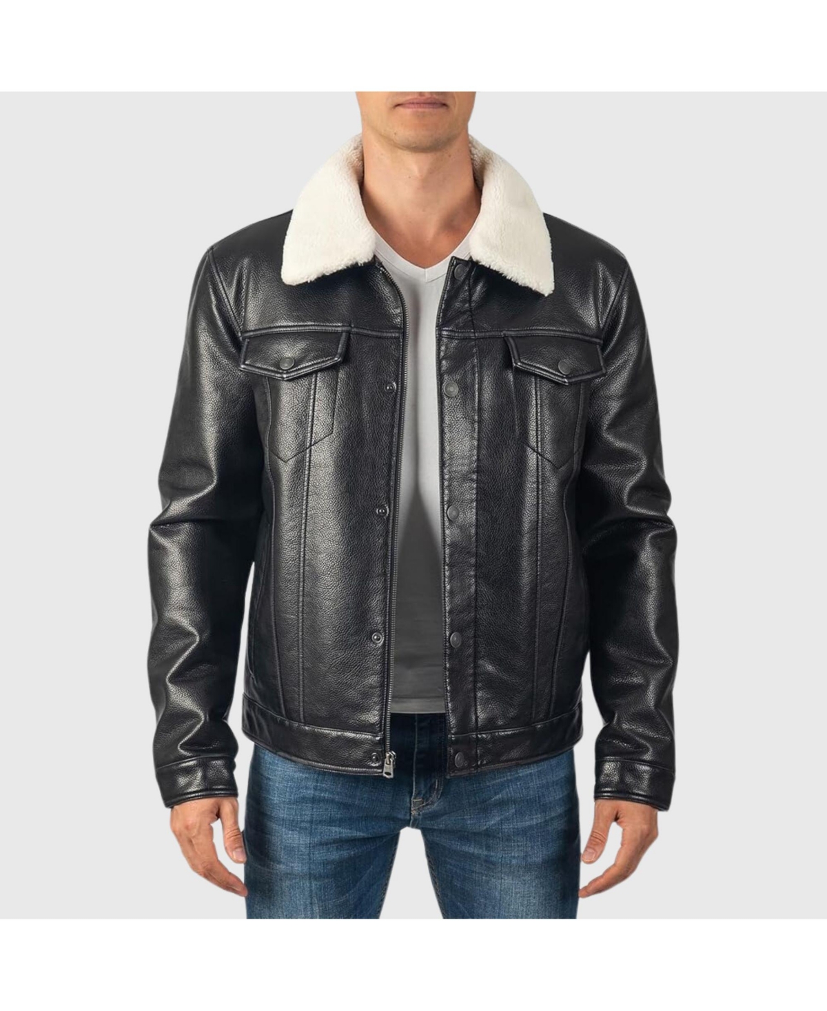 Aaron Mens Fitted Trucker Jacket Sherpa Collar Faux Leather Casual Coat - Faux suede tan