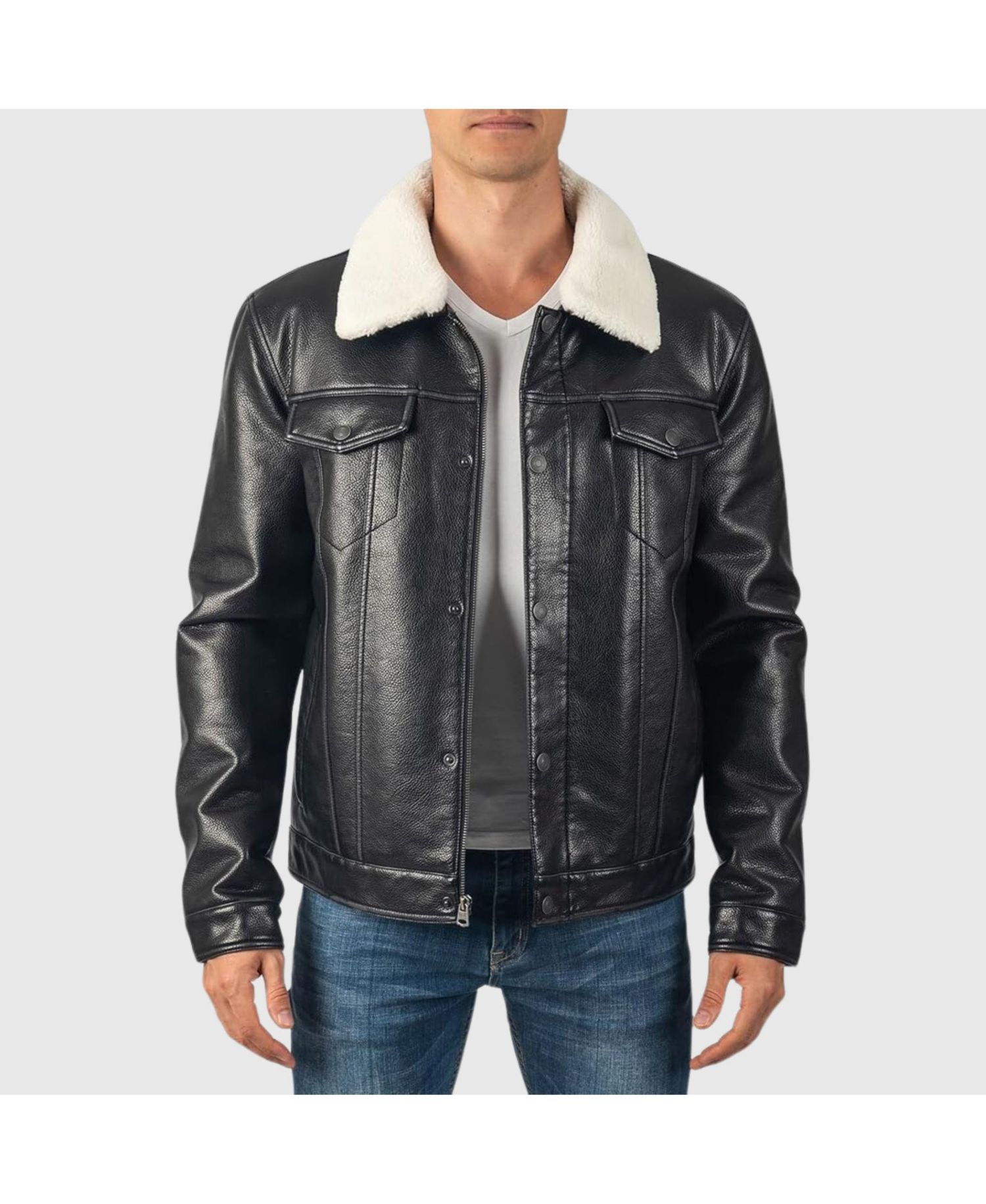 Men's Aaron Fitted Trucker Jacket Sherpa Collar Faux Leather Casual Coat