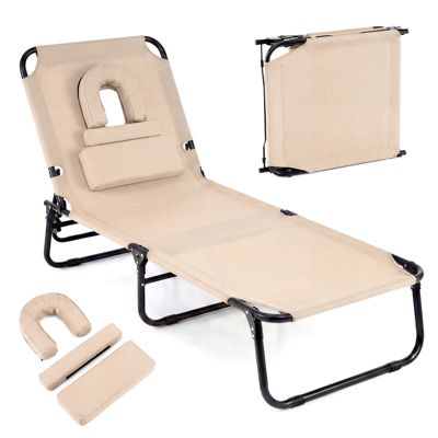Folding Beach Sun Lounger Adjustable Face Down Tanning Chair w/ Face Hole and Removable Pillows Sand