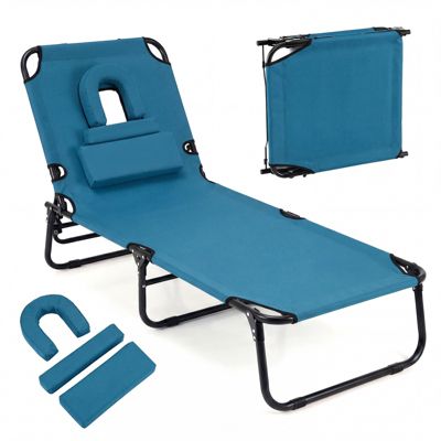 Folding Beach Sun Lounger Adjustable Face Down Tanning Chair w/ Face Hole and Removable Pillows Sand