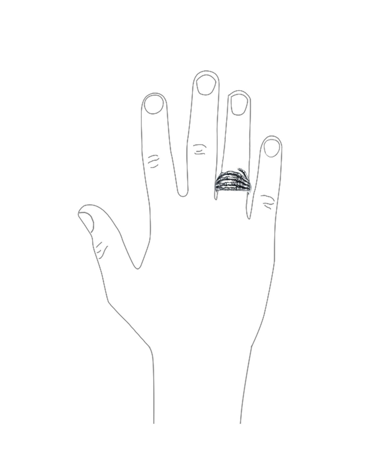 Goth Biker Skelton Hand Band Wrap Ring Silver Tone Oxidized Stainless Steel