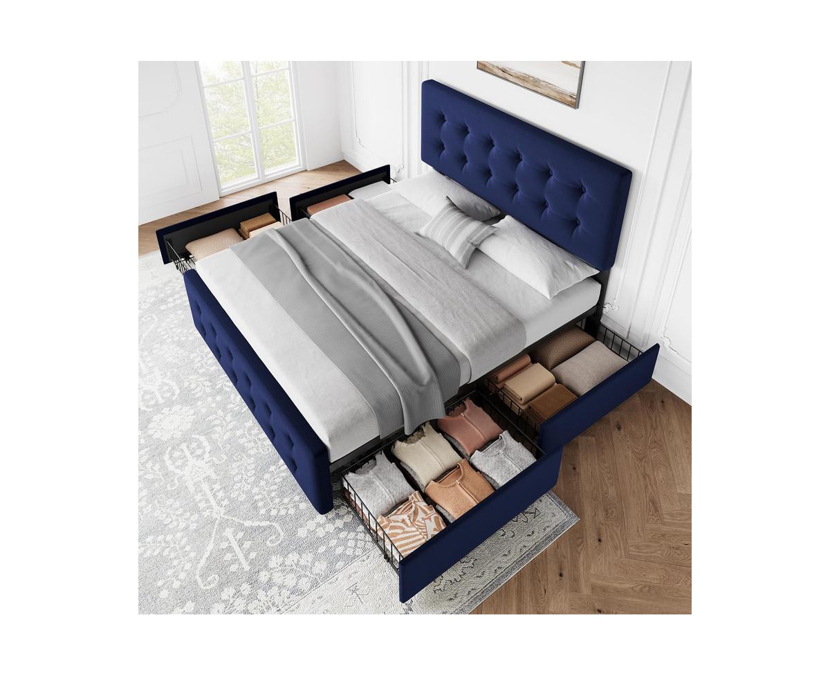 gaomon Queen Size Bed Frame with 4 Storage Drawers and Headboard, Velvet Upholstered Platform Bed Frame with Wooden Slats Support, Button Tufted Desig
