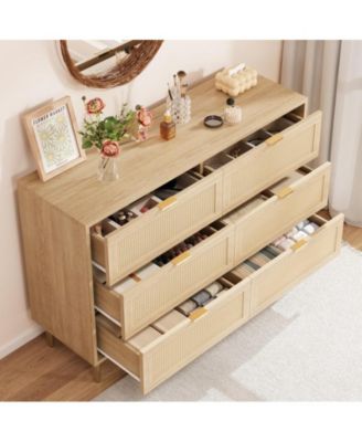 Rattan 6 Drawer Dresser, Farmhouse Wooden Chest of Drawers with 5 Metal Legs, Golden Handles, Wide Double Drawer Dresser for Bedroom, Living Room