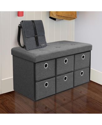 Collapsible Storage Bench Chest with Drawers - Perfect for Entryway, Bedroom Bench, Cubby Drawer Footstool, Hope Chest, Faux Linen