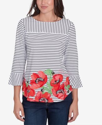 Ruby Rd. Petite Poppy Embroidered Stripe Knit Three Quarter Sleeve T ...