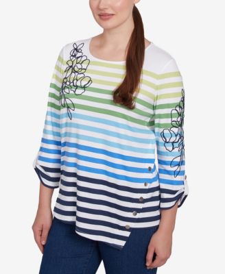 Petite Striped Embellished Three Quarter Sleeve Top