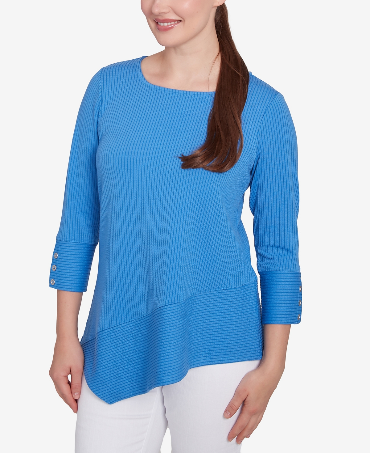 Ruby Rd. Petite Cable Stripe Ottoman Three Quarter Sleeve Top In Azure