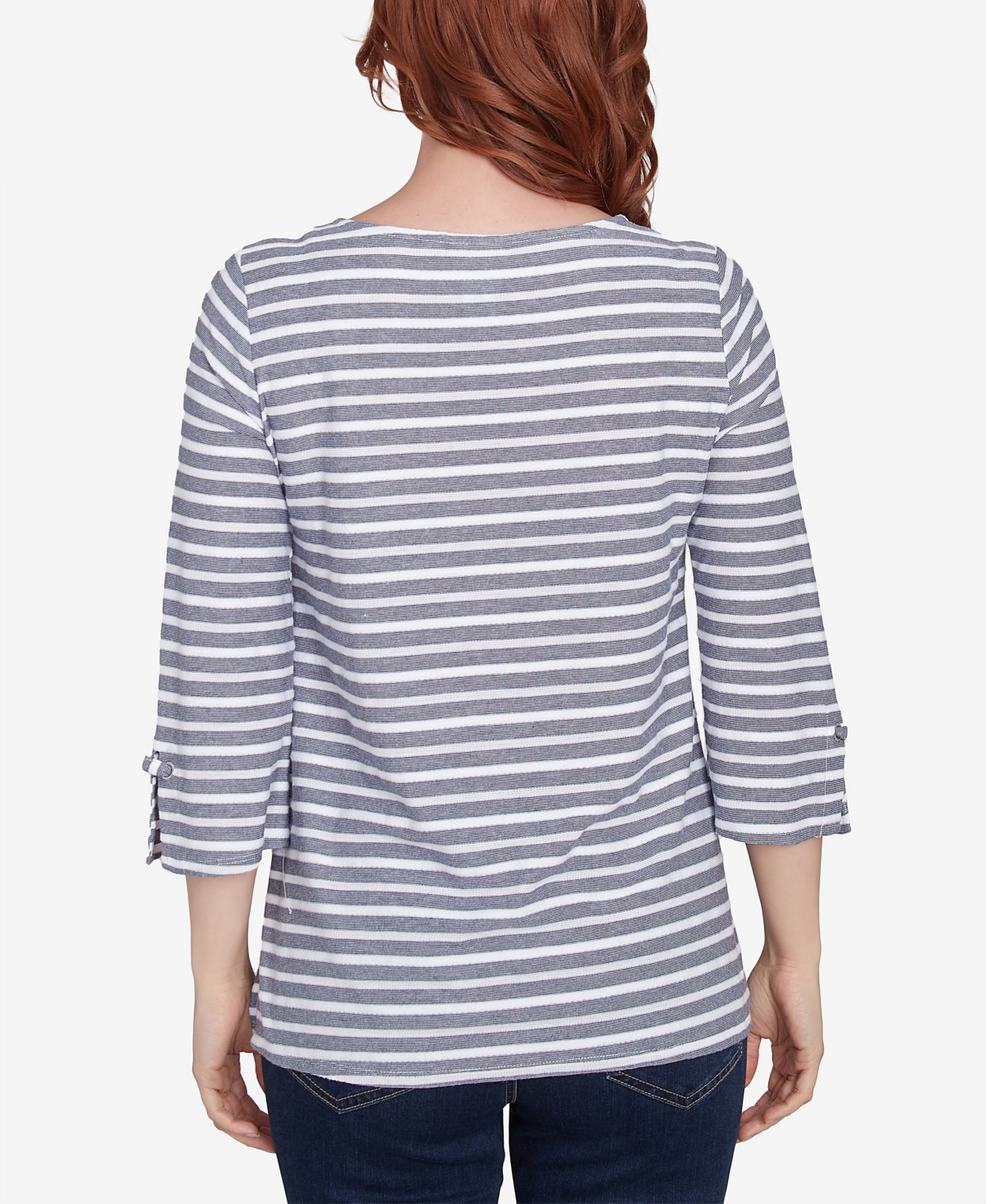 Ruby Rd. Petite Ribbon Stripe Laced Sleeve Top In True Navy Multi