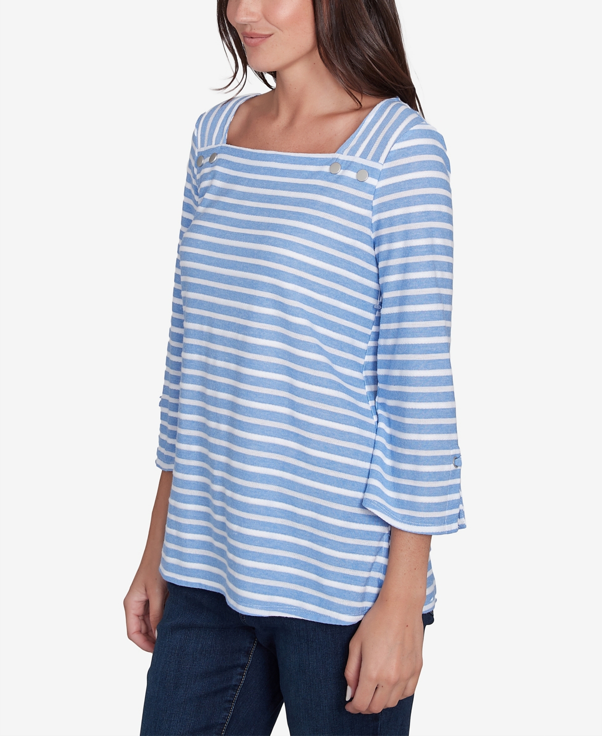 Ruby Rd. Petite Ribbon Stripe Laced Sleeve Top In Azure Multi