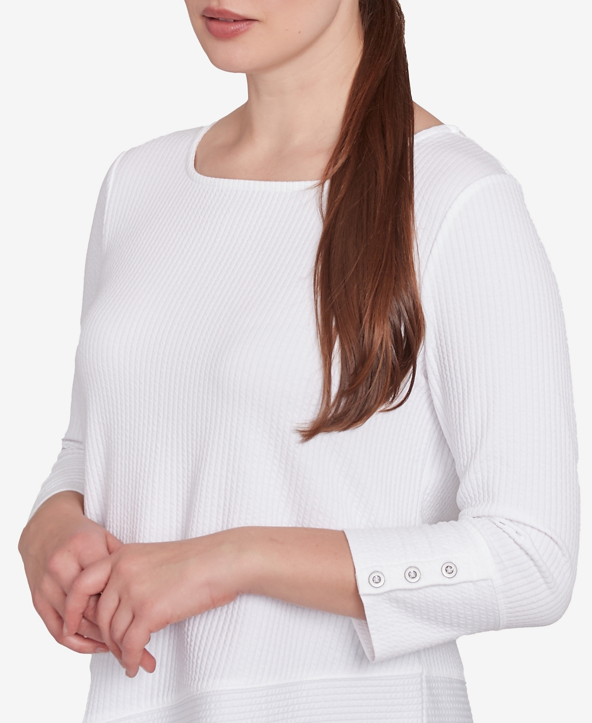 Ruby Rd. Petite Cable Stripe Ottoman Three Quarter Sleeve Top In White