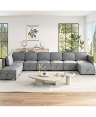 139.4" Chenille Reversible Sectional Sofa, 9-Seater Modular Sectional Sofa, Comfy Sectional Sleeper Sofa Couch with Chaise, U-Shape Modular Couch with Storage Seats & Ottomans, Grey