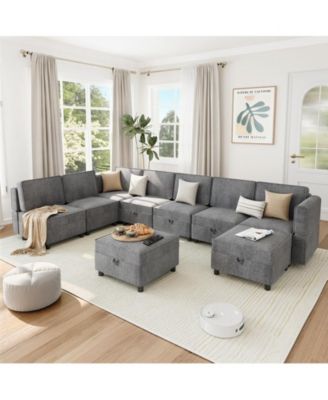 139.4" Chenille Reversible Sectional Sofa, 9-Seater Modular Sectional Sofa, Comfy Sectional Sleeper Sofa Couch with Chaise, U-Shape Modular Couch with Storage Seats & Ottomans, Grey