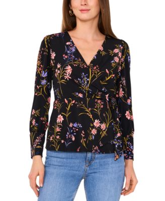 Women’s Floral Surplice-Neck Long-…