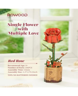 3D Wooden Puzzle Red Rose DIY Model Building Kits Artifical Flower Toys, Red, 3.3"2.5"8.2"