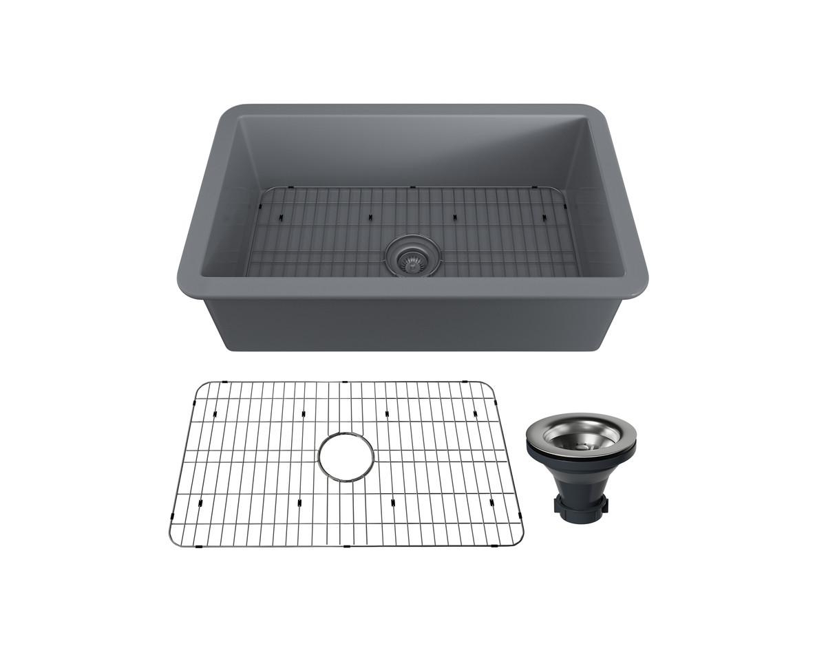 32inch L x 19inch W Single Bowl Fireclay Undermount Kitchen Sink with Sink Grid - Grey
