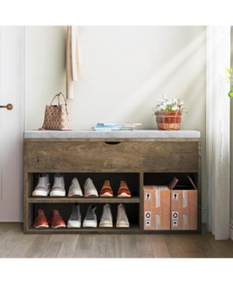 Shoe Storage Bench with Cushion, Entryway Bench with Lift-Top Storage Box and 2 Tiers Open Shoe Rack, Wooden Shoe Bench for Entryway, Bedroom