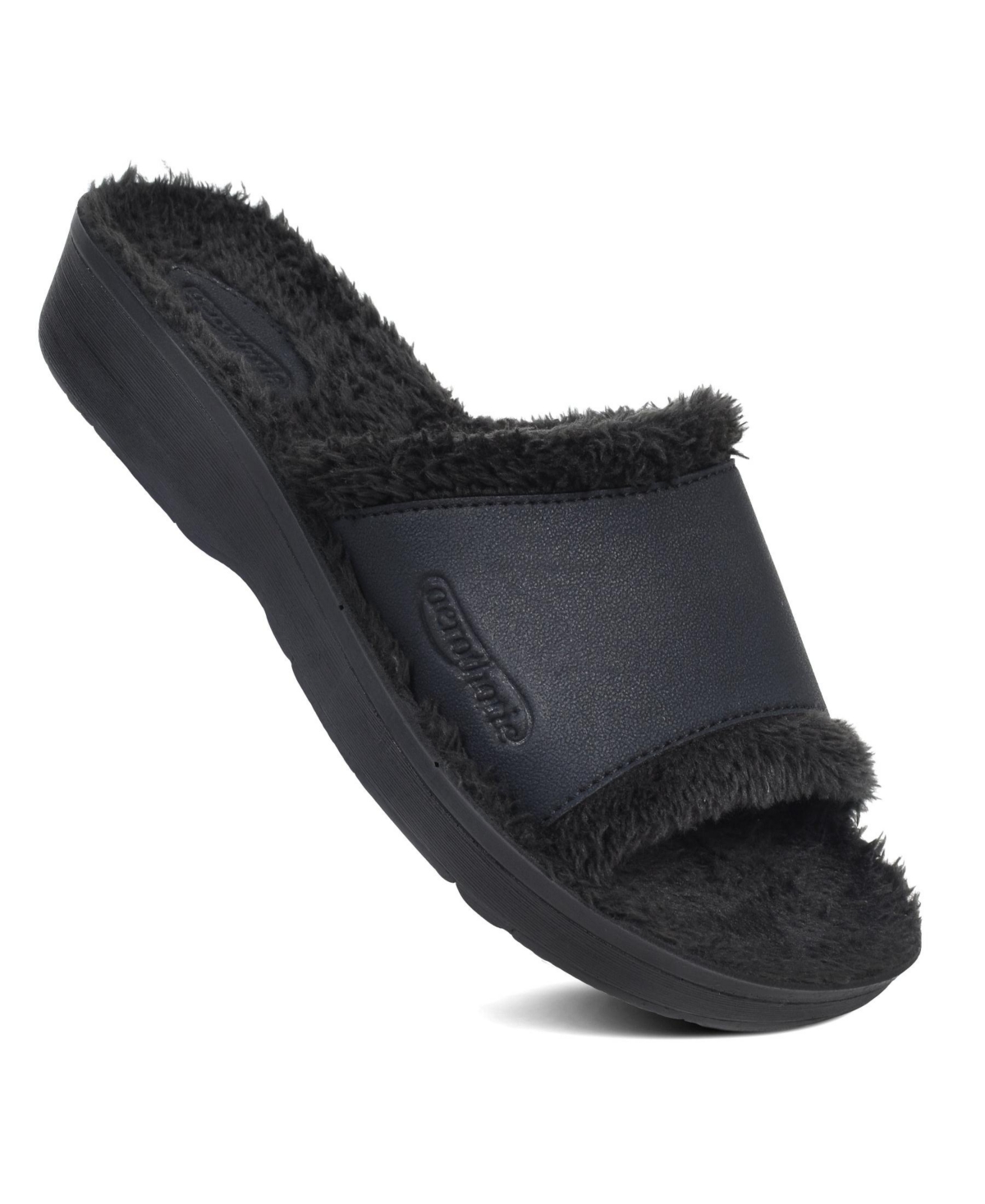 - Aspen Fuzzy Strap Ladies Arch Support Slides - Grey