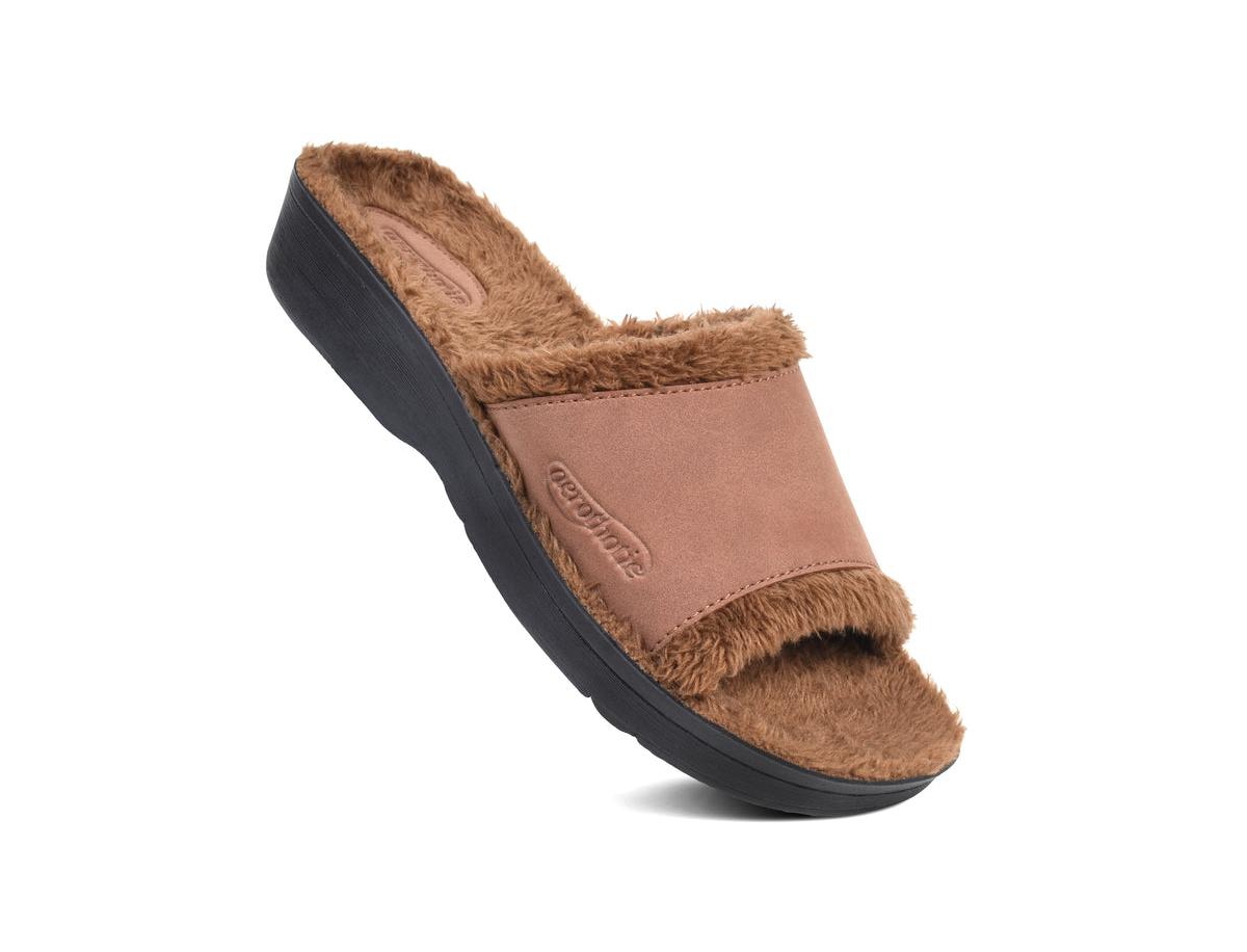 - Aspen Fuzzy Strap Ladies Arch Support Slides - Grey