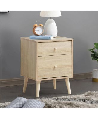 Set of 2 Wood 2-Drawer Beside End Side Table w/Rubber Legs Oak Finish Nightstand