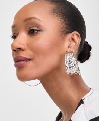 Silver-Tone Textured Wide Large Hoop Earrings, 2.5"